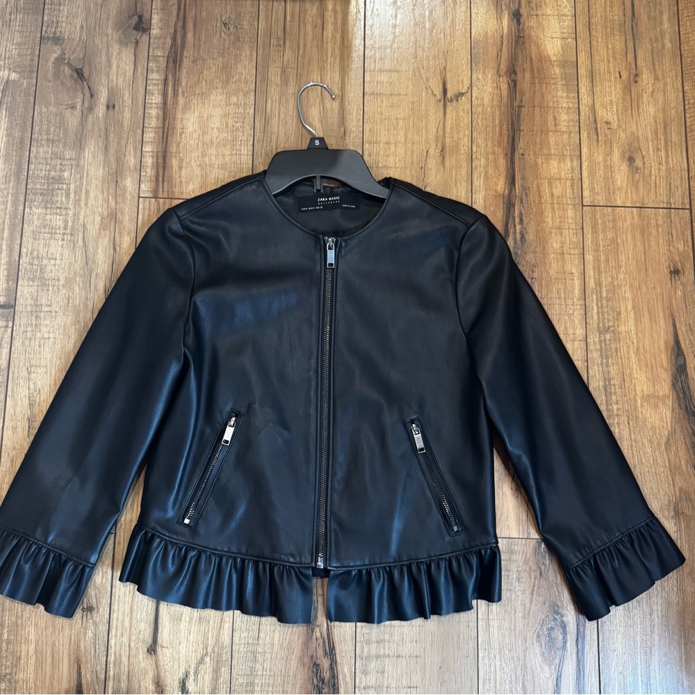Zara Black Faux Leather Jacket with Ruffle Hem Women’s Medium